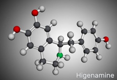 Higenamine, norcoclaurine molekülü. Bitkisel, doğal ürün, spor malzemesi ve kilo kaybı beslenme takviyesi. Moleküler model. 3 boyutlu görüntüleme. Görüntü