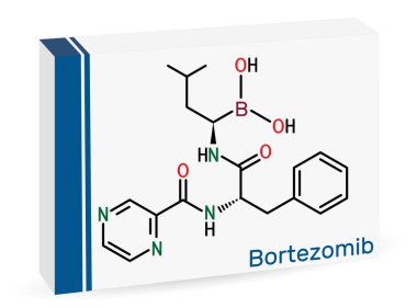 Bortezomib molekülü. Çoklu miyelom ve manto hücre lenfomasının tedavisinde kullanılan kanser önleyici bir ilaç. İskelet kimyasal formülü. Uyuşturucu için kağıt ambalaj. Vektör illüstrasyonu