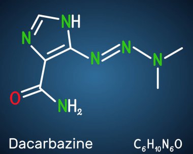 Dacarbazine, imidazole carboxamide, DTIC molekülü. Hodgkin hastalığı olan habis melanom tedavisinde kullanılan antiineoplastik bir ilaç. Koyu mavi arkaplanda yapısal kimyasal formül. Vektör illüstrasyonu