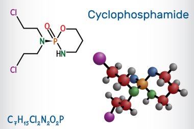 Cyclophosphamide, cytophosphane, CP molekülü. Çeşitli kanser türlerinin tedavisinde kullanılan alkilasyon maddesi. Yapısal kimyasal formül, molekül modeli. Vektör illüstrasyonu