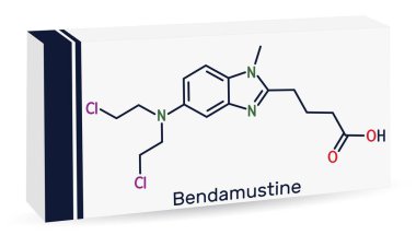 Bendamustin molekülü. Lenfositik löseminin tedavisinde kullanılan alkilasyon faktörü. İskelet kimyasal formülü. Uyuşturucu için kağıt ambalaj. Vektör illüstrasyonu