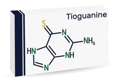 Tioguanin, tiyoguanin veya 6-tiyoguanin molekülü. Miyelojen lösemi tedavisinde kullanılan pürin analogu. İskelet kimyasal formülü. Uyuşturucu için kağıt ambalaj. Vektör illüstrasyonu