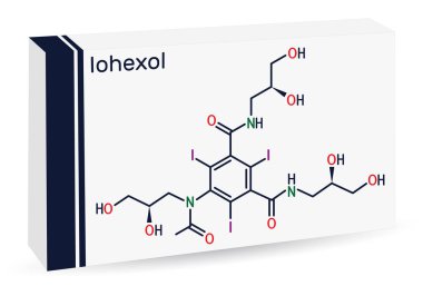 Iohexol molekülü. Bilgisayarlı tomografi için kontrastlı madde ve kontrastlı geliştirmede kullanılır. İskelet kimyasal formülü. Uyuşturucu için kağıt ambalaj. Vektör illüstrasyonu