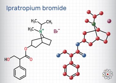 Ipratropium bromit molekülü. Bronkodilatör, antispazmotik, antikolinerjik ilaç. Yapısal kimyasal formül ve molekül modeli. Kafesteki bir kağıt parçası. Vektör illüstrasyonu