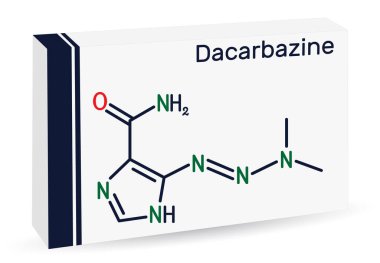 Dacarbazine, imidazole carboxamide, DTIC molekülü. Hodgkin hastalığı olan habis melanom tedavisinde kullanılan antiineoplastik bir ilaç. İskelet kimyasal formülü. Uyuşturucu için kağıt ambalaj. Vektör illüstrasyonu