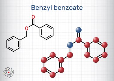 Benzil benzoat molekülü. Uyuz ve bitlerin güncel tedavisidir. Yapısal kimyasal formül, molekül modeli. Kafesteki bir kağıt parçası. Vektör illüstrasyonu
