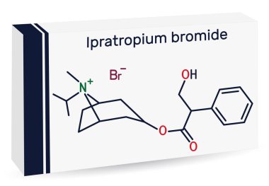 Ipratropium bromit molekülü. Bronkodilatör, antispazmotik, antikolinerjik ilaç. İskelet kimyasal formülü. Uyuşturucu için kağıt ambalaj. Vektör illüstrasyonu