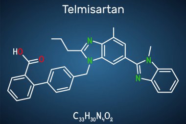Telmisartan molekülü. Yüksek tansiyonu ve kalp yetmezliğini tedavi etmek için kullanılan bir ilaç. Koyu mavi arkaplanda yapısal kimyasal formül. Vektör illüstrasyonu