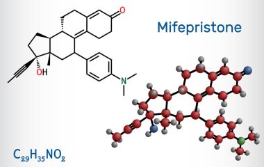Mifepristone, molekül. Progetasyonal, glukokortikoid hormon antagonisti, acil doğum kontrol maddesi. Yapısal kimyasal formül ve molekül modeli. Vektör illüstrasyonu