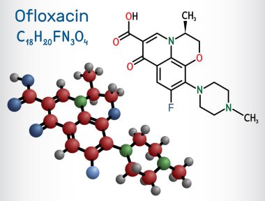 Ofloxacin florokinolon molekülü. Quinolone antibiyotiği, antibakteriyel ilaç. Yapısal kimyasal formül ve molekül modeli. Vektör illüstrasyonu