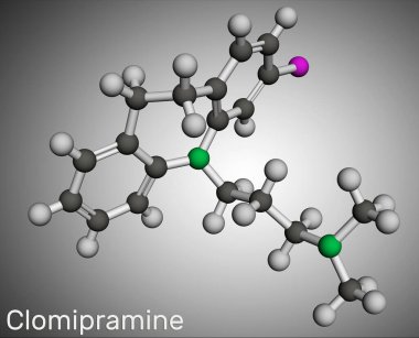 Klomipramin molekülü. Depresyon ve şizofreni tedavisinde kullanılan trisiklik bir antidepresan. Moleküler model. 3 boyutlu görüntüleme. Görüntü