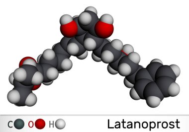 Latanoprost molekülü. Artan göz içi basıncı tedavi etmek için kullanılan izopropil ester prodrug. Moleküler model. 3 boyutlu görüntüleme. Görüntü