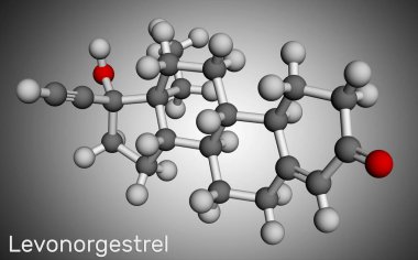 Levonorgestrel progestin molekülü. Sentetik progestojen, gebelik önleyici. Moleküler model. 3 boyutlu görüntüleme. Görüntü