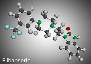 Flibanserin molekülü. Hipoaktif cinsel arzu bozukluğunu tedavi etmek için kullanılan serotonerjik bir antidepresan. Moleküler model. 3 boyutlu görüntüleme. Görüntü