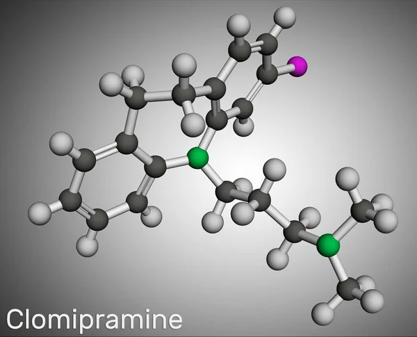 stock image Clomipramine molecule. It is tricyclic antidepressant used in the treatment of  depression, schizophrenia. Molecular model. 3D rendering. Illustration