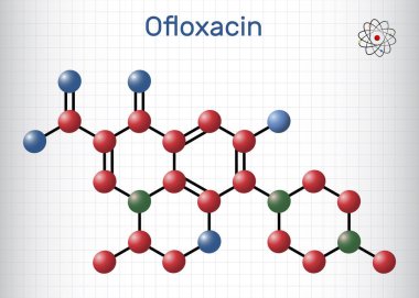 Ofloxacin florokinolon molekülü. Quinolone antibiyotiği, antibakteriyel ilaç. Yapısal kimyasal formül ve molekül modeli. Kafesteki bir kağıt parçası. Vektör illüstrasyonu