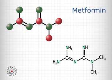 Metformin molekülü. Tip 2 diyabetin yönetiminde kullanılan biguanide antihiperglisemik etken. Yapısal kimyasal formül, molekül modeli. Kafesteki bir kağıt parçası. Vektör illüstrasyonu