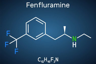 Fenfluramin ilaç molekülü. Bu phenethylamine, iştah açıcı olarak kullanılır. Koyu mavi arkaplanda yapısal kimyasal formül. Vektör illüstrasyonu