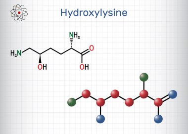 Hidroksilin, Hyl molekülü. Amino asit, insan metaboliti. Yapısal kimyasal formül ve molekül modeli. Kafesteki bir kağıt parçası. Vektör illüstrasyonu