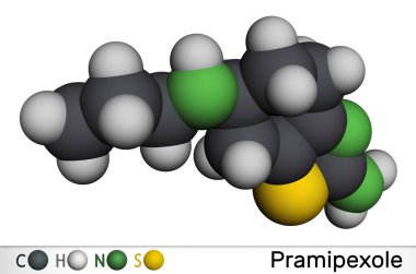 Pramipexol molekülü. Dopamin agonisti olmayan, Parkinson hastalığının tedavisinde kullanılan bir ilaç. Moleküler model. 3 boyutlu görüntüleme. Görüntü