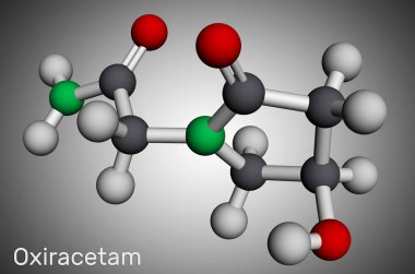 Oxirasetam molekülü. Hipodrom familyasının nootropik bir ilacı. Çok hafif bir uyarıcı. Moleküler model. 3 boyutlu görüntüleme. Görüntü