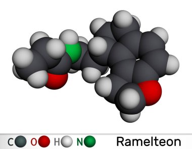 Ramelteon molekülü. Uykusuzluk tedavisi için kullanılan melatonin reseptör agonisti. Moleküler model. 3 boyutlu görüntüleme. Görüntü