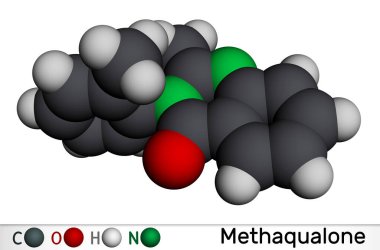 Methaqualone molekülü. Uykusuzluk tedavisinde kullanılan yatıştırıcı, hipnotik bir ilaç. Moleküler model. 3 boyutlu görüntüleme. Görüntü