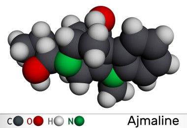 Ajmaline molekülü. Alkaloit, antiaritmik çeşitli taşikardi türlerini yönetmek için kullanılır. Moleküler model. 3 boyutlu görüntüleme. Görüntü