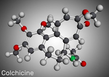 Kolşisin molekülü. Gut ve iltihap önleyici aktiviteleri olan alkaloit, ağrının semptomatik olarak azaltılmasında kullanılır. Moleküler model. 3 boyutlu görüntüleme. Görüntü