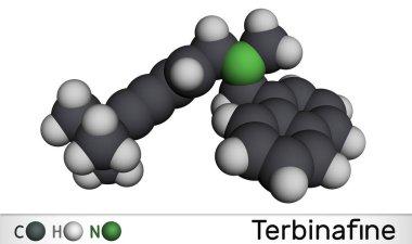 Terbinafin molekülü. Ayak tırnağı ve tırnak dermatophyte enfeksiyonlarını tedavi etmek için kullanılan allamine antifungal. Moleküler model. 3 boyutlu görüntüleme. Görüntü