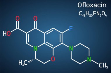 Ofloxacin florokinolon molekülü. Quinolone antibiyotiği, antibakteriyel ilaç. Koyu mavi arkaplanda yapısal kimyasal formül. Vektör illüstrasyonu