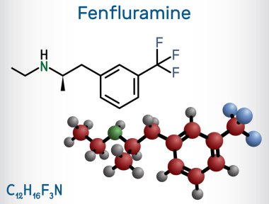 Fenfluramin ilaç molekülü. Bu phenethylamine, iştah açıcı olarak kullanılır. Yapısal kimyasal formül ve molekül modeli. Vektör illüstrasyonu