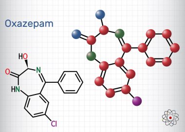 Oxazepam molekülü. Panik bozukluklarını tedavi etmek için kullanılan benzodiazepin, şiddetli endişe ve uykusuzluk. Yapısal kimyasal formül, molekül modeli. Kafesteki bir kağıt parçası. Vektör illüstrasyonu