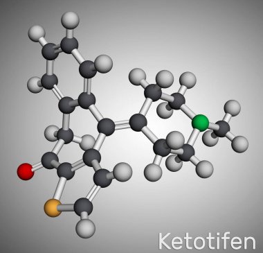 Ketotifen, histamin H1 reseptör engelleyici molekülü. Atopik astımı, alerjik konjonktiviti tedavi etmek için kullanılır. Moleküler model. 3 boyutlu görüntüleme. Görüntü
