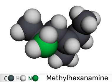 Metilheksanamin, metilheksanamin, dimetilamin, DMAA molekülü. Bu alkilamin, dolaylı sembolik ilaç. Moleküler model. 3 boyutlu görüntüleme. Görüntü