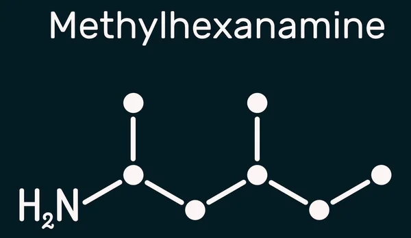 甲基已胺 甲基Hexamine 二甲基胺 Dmaa分子 它是烷胺 间接感同身受的药物 深蓝色背景上的骨骼化学式 说明1 — 图库照片