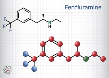 Fenfluramin ilaç molekülü. Bu phenethylamine, iştah açıcı olarak kullanılır. Yapısal kimyasal formül ve molekül modeli. Kafesteki bir kağıt parçası. Vektör illüstrasyonu