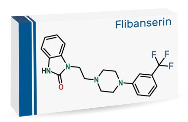 Flibanserin molekülü. Hipoaktif cinsel arzu bozukluğunu tedavi etmek için kullanılan serotonerjik bir antidepresan. İskelet kimyasal formülü. Uyuşturucu için kağıt ambalaj. Vektör illüstrasyonu