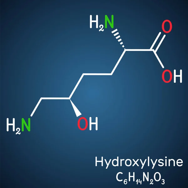 stock vector Hydroxylysine, Hyl molecule. It is amino acid, human metabolite. Structural chemical formula on the dark blue background. Vector illustration