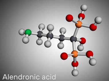 Alendronik asit molekülü. Osteoporoz tedavisinde kullanılan bifosfonat ilacı. Moleküler model. 3 boyutlu görüntüleme. Görüntü