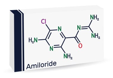 Amilorit molekülü. Yüksek tansiyonu ve konjestif kalp yetmezliğini tedavi etmek için kullanılan pirizin bileşimi. İskelet kimyasal formülü. Uyuşturucu için kağıt ambalaj. Vektör illüstrasyonu