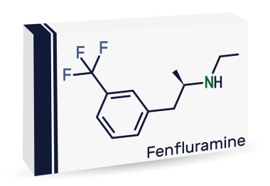 Fenfluramin ilaç molekülü. Bu phenethylamine, iştah açıcı olarak kullanılır. İskelet kimyasal formülü. Uyuşturucu için kağıt ambalaj. Vektör illüstrasyonu