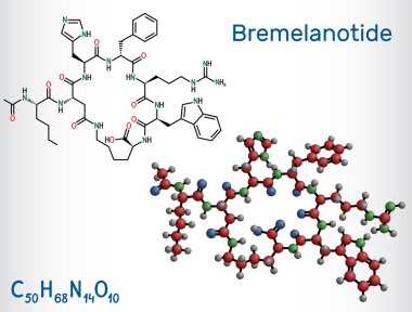 Bremelanotid molekülü. Kadınlarda hipoaktif cinsel arzu bozukluğunu tedavi etmek için kullanılan 7 amino asit peptidi. Yapısal kimyasal formül, molekül modeli. Vektör illüstrasyonu