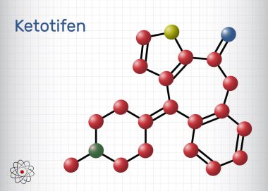 Ketotifen, histamin H1 reseptör engelleyici molekülü. Atopik astımı, alerjik konjonktiviti tedavi etmek için kullanılır. Molekül modeli. Kafesteki bir kağıt parçası. Vektör illüstrasyonu