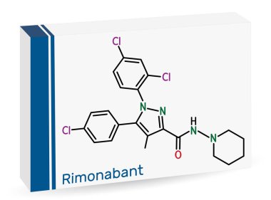 Rimonabant molekülü. Anorektik anti-obezite ilacı. İskelet kimyasal formülü. Uyuşturucu için kağıt ambalaj. Vektör illüstrasyonu