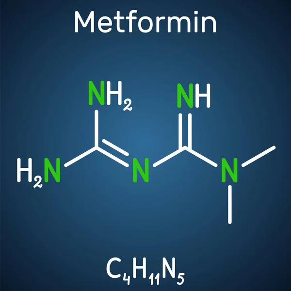 stock vector Metformin molecule. It is biguanide antihyperglycemic agent  used in management of type II diabetes. Structural chemical formula on the dark blue background. Vector illustration