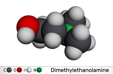 Dimethylethanolamine, dimethylaminoethanol, DMAE, DMEA molecule. It is tertiary amine, curing agent and a radical scavenger. Molecular model. 3D rendering. Illustration