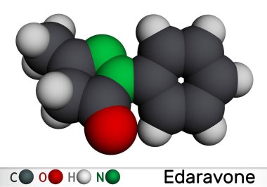 Edaravone molecule. It is used for treatment of amyotrophic lateral sclerosis ALS. Molecular model. 3D rendering. Illustration