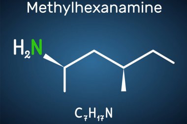 Methylhexanamine, methylhexamine, dimethylamylamine, DMAA molecule. It is alkylamine, indirect sympathomimetic drug. Structural chemical formula on the dark blue background. Vector illustration
