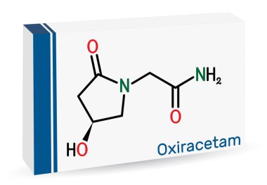 Oxiracetam molecule. It is is a nootropic drug of the racetam family, very mild stimulant. Skeletal chemical formula. Paper packaging for drugs. Vector illustration